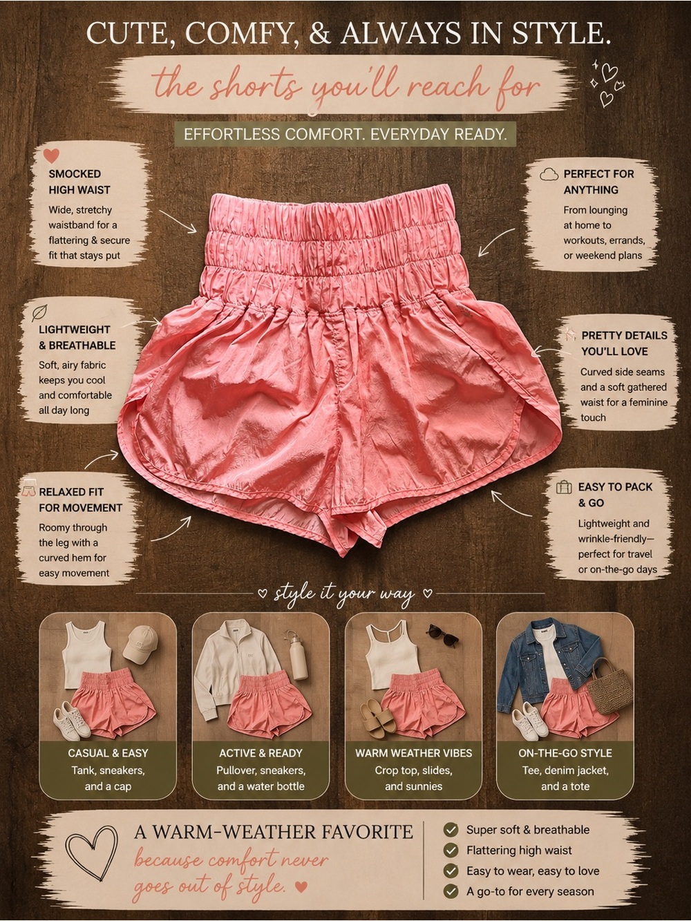 Free People Coral Pink Smocked-Waist Lightweight Shorts